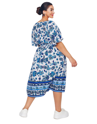 Women's Plus Size Curve Floral Print Border Midaxi Dress in Blue (IMPERFECT)