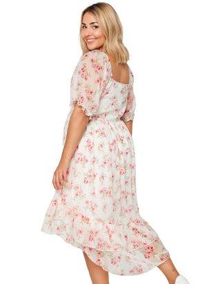 Women's Curve Floral Dipped Hem Midi Dress in White