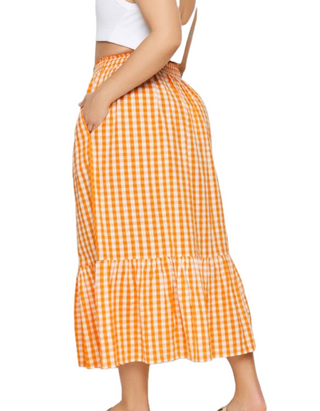 Women's Curve Gingham Tiered Pure Cotton Midi Skirt in Orange (IMPERFECT)