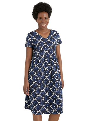 Women's Brush Drawing V-neck Jersey Dress Regular in Blue Floral Martime