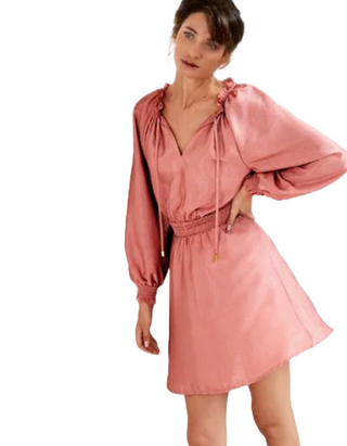 Women's Tie Neck Satin Jacquard Mini Dress in Pink