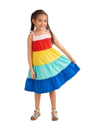 Girl's Sleeveless Colourblock Rainbow Twirl Dress in Multicolour