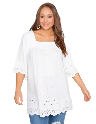 Yours Curve White Broderie Anglaise Square Neck Top