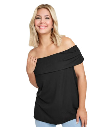 Women's Short Sleeve Curve Bardot Neck Top in Black