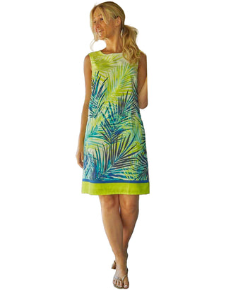 Women's Sleeveless Palm Print Shift Dress in Yellow