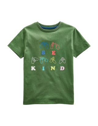 Mini Boden Kids Chain Stitch Slogan T-shirt in Safari Green Be Kind