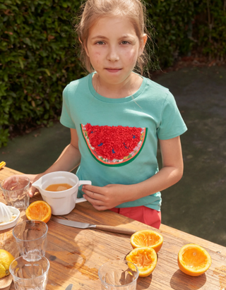 Mini Boden Girl's Watermelon Flutter Logo Tee in Aqua Sea Watermelon (Slightly Defect)