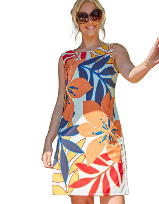 Women's Sleeveless Shift Tropical Floral Dress in Orange