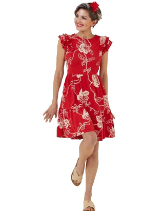 Women's Frill Sleeve Laurie Batik Jersey Dress in Red (Imperfect)