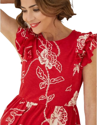 Women's Frill Sleeve Laurie Batik Jersey Dress in Red (Imperfect)