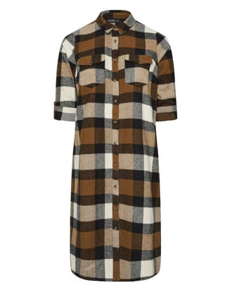 Women's Longline Plus Size Check Shirt Dress in Brown