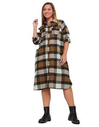 Women's Longline Plus Size Check Shirt Dress in Brown