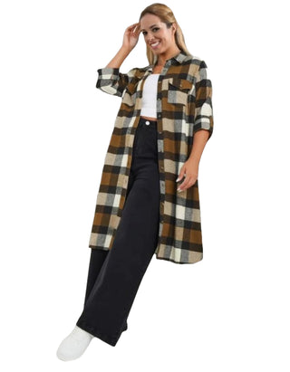 Women's Longline Plus Size Check Shirt Dress in Brown