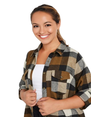 Women's Longline Plus Size Check Shirt Dress in Brown