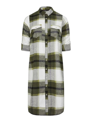 Women's Long Sleeve Longline Plus Size Check Shirt Dress in Khaki Green