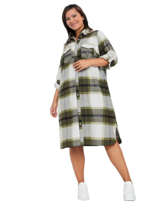 Women's Long Sleeve Longline Plus Size Check Shirt Dress in Khaki Green