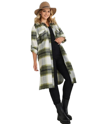 Women's Long Sleeve Longline Plus Size Check Shirt Dress in Khaki Green