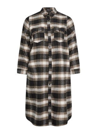 Women's Long Sleeve Longline Plus Size Check Shirt Dress in Black