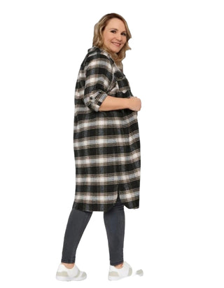 Women's Long Sleeve Longline Plus Size Check Shirt Dress in Black