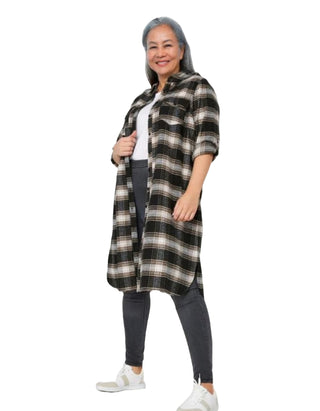 Women's Long Sleeve Longline Plus Size Check Shirt Dress in Black