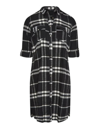 Women's Long Sleeve Longline Plus Size Shirt Dress in Black Check