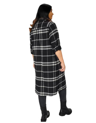 Women's Long Sleeve Longline Plus Size Shirt Dress in Black Check