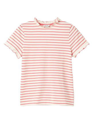 Women's Short Sleeve Cotton Frill Detail Top in Pink Stripe