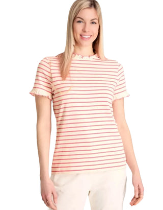 Women's Short Sleeve Cotton Frill Detail Top in Pink Stripe