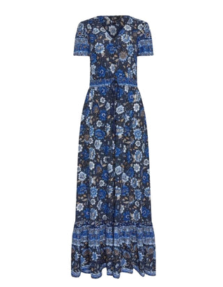 Women's Short Sleeve Tall Floral Print Tie Waist Maxi Dress in Blue