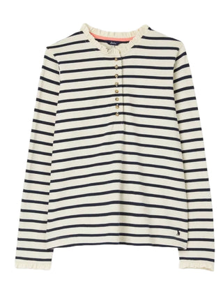 Women's Long Sleeve Cotton Frill Detail Top in Navy Stripe