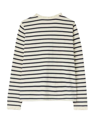 Women's Long Sleeve Cotton Frill Detail Top in Navy Stripe