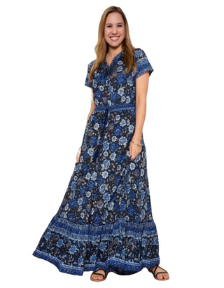 Women's Short Sleeve Tall Floral Print Tie Waist Maxi Dress in Blue