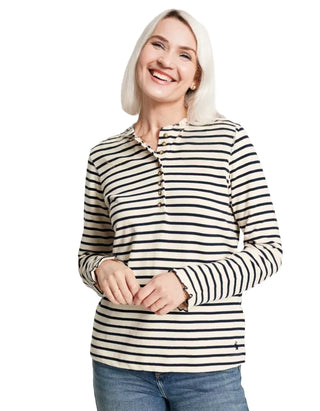 Women's Long Sleeve Cotton Frill Detail Top in Navy Stripe