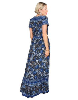 Women's Short Sleeve Tall Floral Print Tie Waist Maxi Dress in Blue