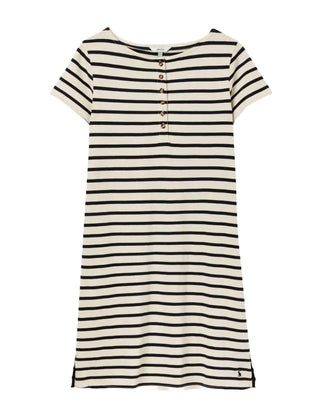 Women's Short Sleeve Henley Button Jersey Dress in Navy Stripe