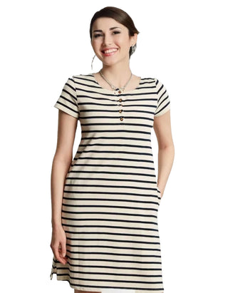 Women's Short Sleeve Henley Button Jersey Dress in Navy Stripe