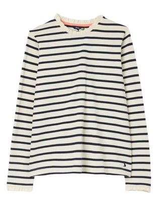 Women's Long Sleeve Frill Detail Jersey Top in Navy Stripe