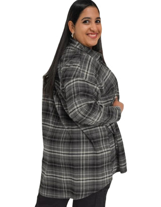 Women's Long Sleeve Check Oversized Shirt in Grey Charcoal