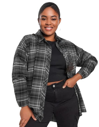 Women's Long Sleeve Check Oversized Shirt in Grey Charcoal