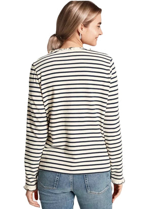 Women's Long Sleeve Frill Detail Jersey Top in Navy Stripe