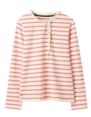 Women's Cotton Frill Detail Henley Button Stripe Top in Pink