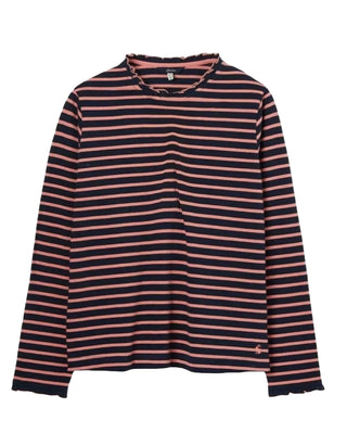 Women's Long Sleeve Cotton Frill Detail Top in Navy Stripe