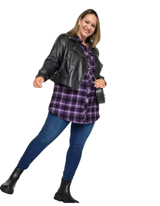 Women's Long Sleeve Check Oversized Shirt in Dark Purple