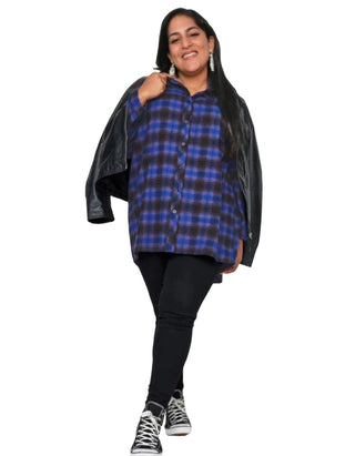 Women's Long Sleeve Check Oversized Shirt in Blue