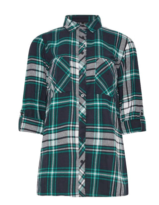 Women's 3/4 Sleeve Tall Check Cotton Shirt in Green & Black