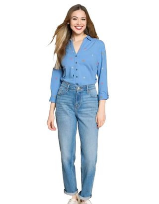 Women's Long Sleeve Annie Embroidered Jersey Shirt in Blue