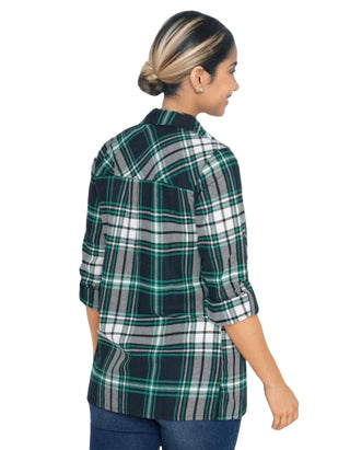 Women's 3/4 Sleeve Tall Check Cotton Shirt in Green & Black