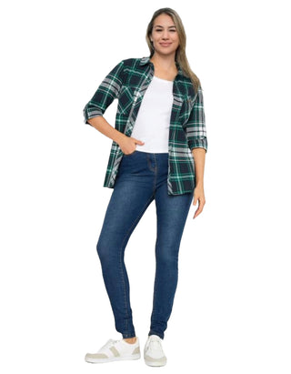 Women's 3/4 Sleeve Tall Check Cotton Shirt in Green & Black