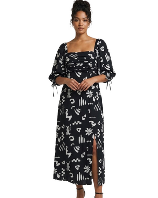 Women's Black Conversational Print Soft Volume Dress in Black