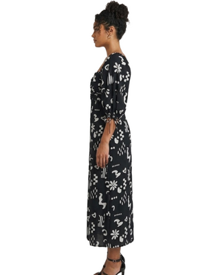Women's Black Conversational Print Soft Volume Dress in Black